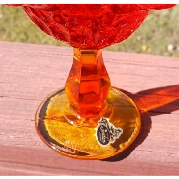 Vtg Fenton Fiery Amberina Ruffled Thumbprint Pedestal Compote Candy Dish Tagged - Picture 2 of 6